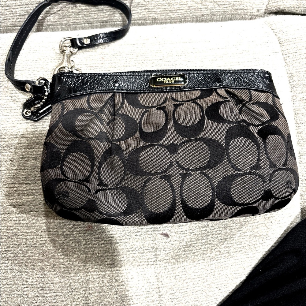 Coach Signature Jacquard Wristlet in Black Charcoal, Leather Trim, Classic